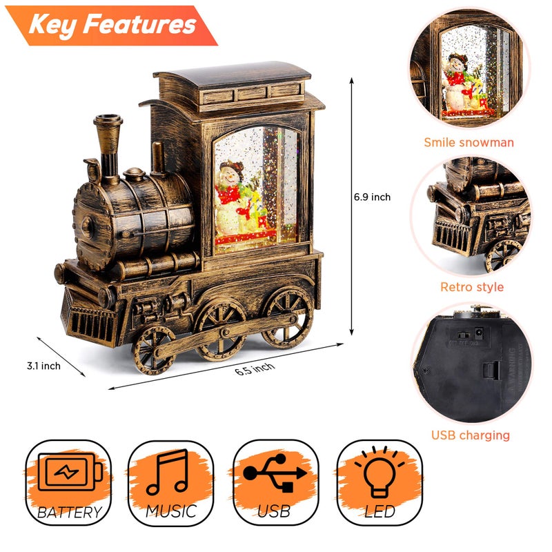 IPOW Christmas Snow Globe Lantern Train with Water Swirling Glitter, Musical and Lighted 6 Hours Timer USB Powered & Battery Operated Music Box for Christmas Home Decoration Gift, Snowman Scene - Image 2